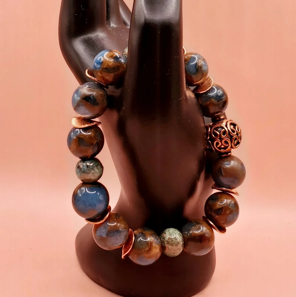 Teal Impression Jasper, Raku and Copper Beaded Bracelet - Picture 2 of 6